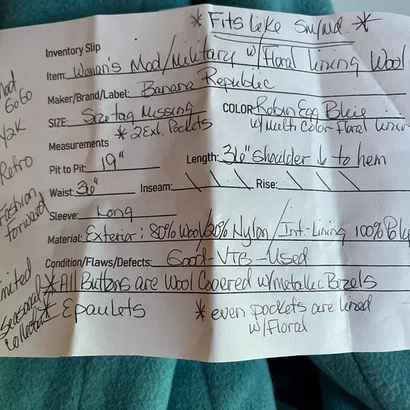 Vintage Banana Republic Full Length Wool Coat Lt Blue w/Floral Lining Epaulets - Picture 2 of 11